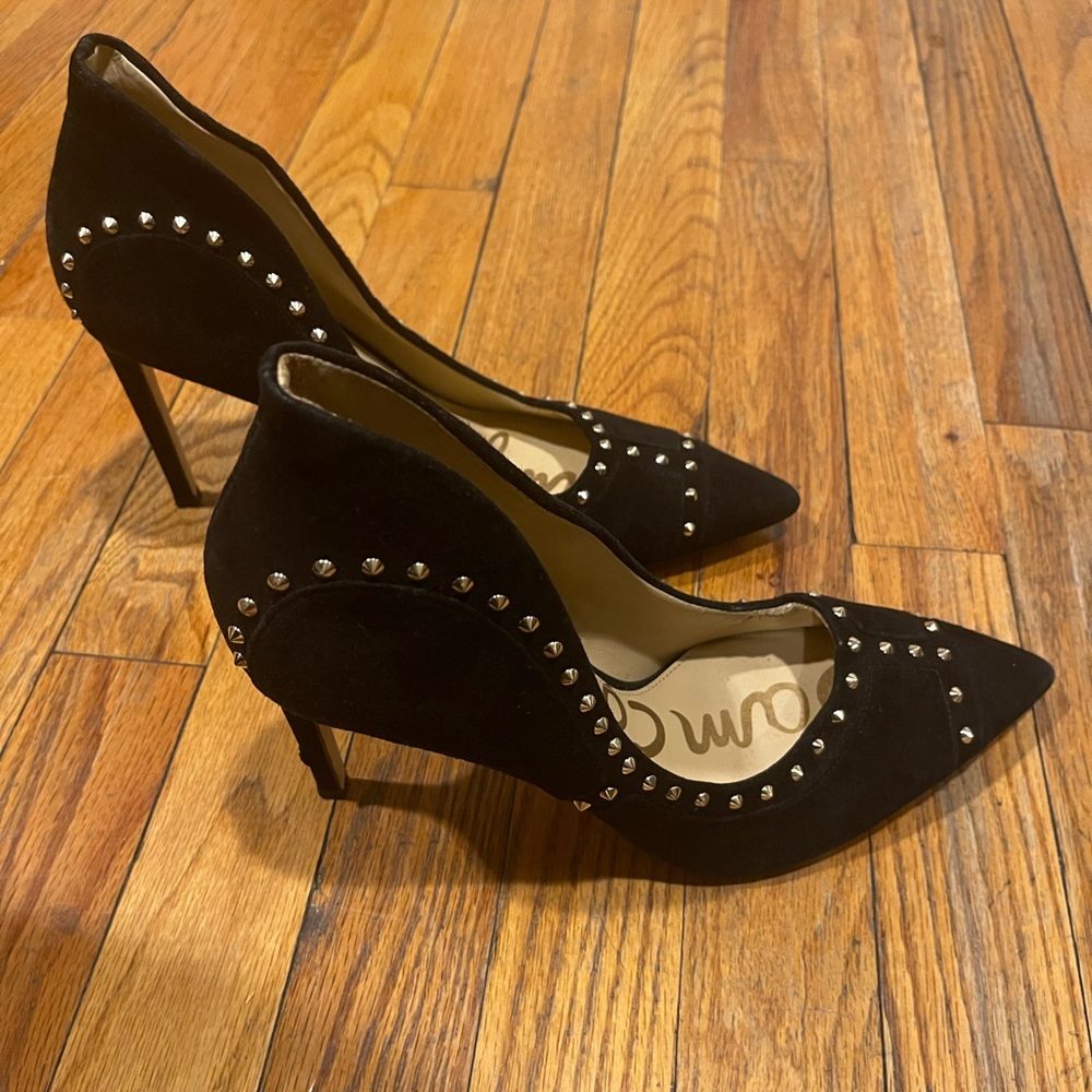 Sam Edelman Black Gold Studded Velvet Pumps Size 9 4.25” Heel - Good Condition